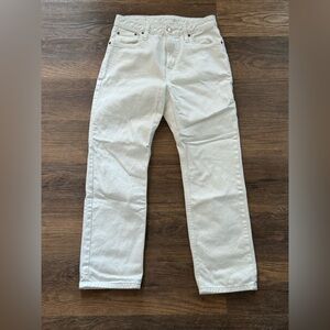 Avec Les Filles White Denim Jeans with Tan Leather Patch